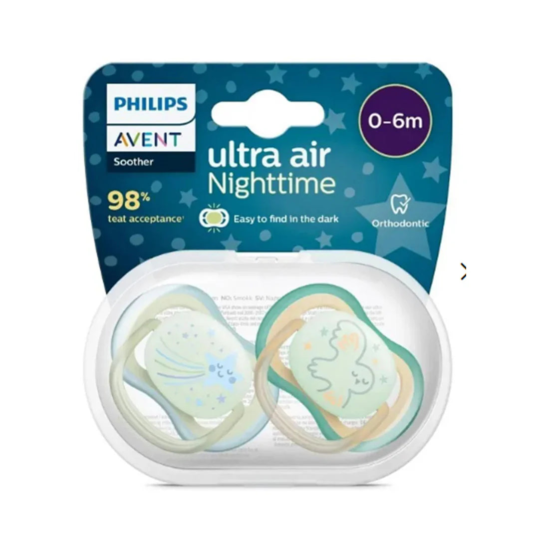 philips avent ultra air night soothers 0-6m 2 pack glow in the dark boy