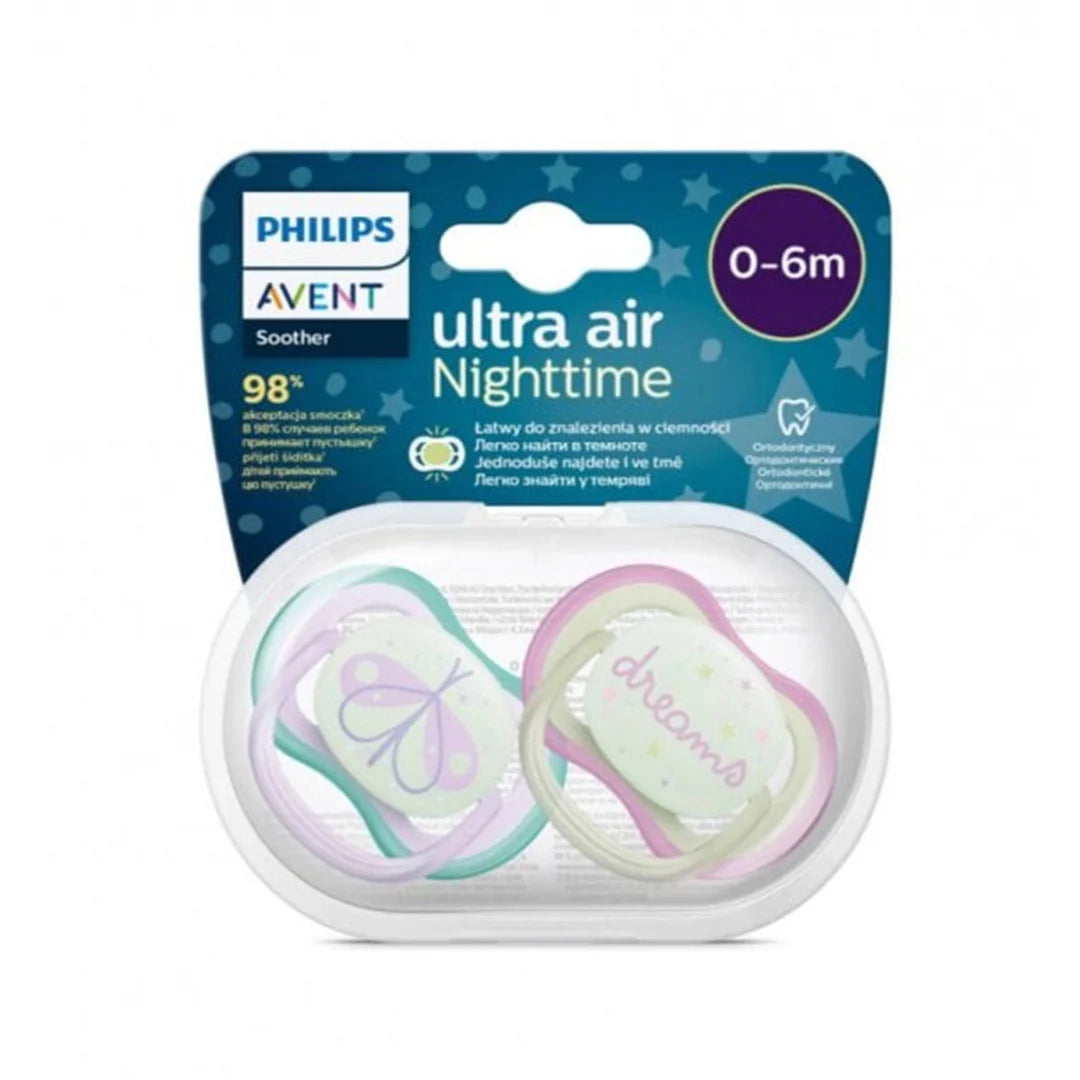 philips avent ultra air night soothers 0-6m 2 pack glow in the dark girl