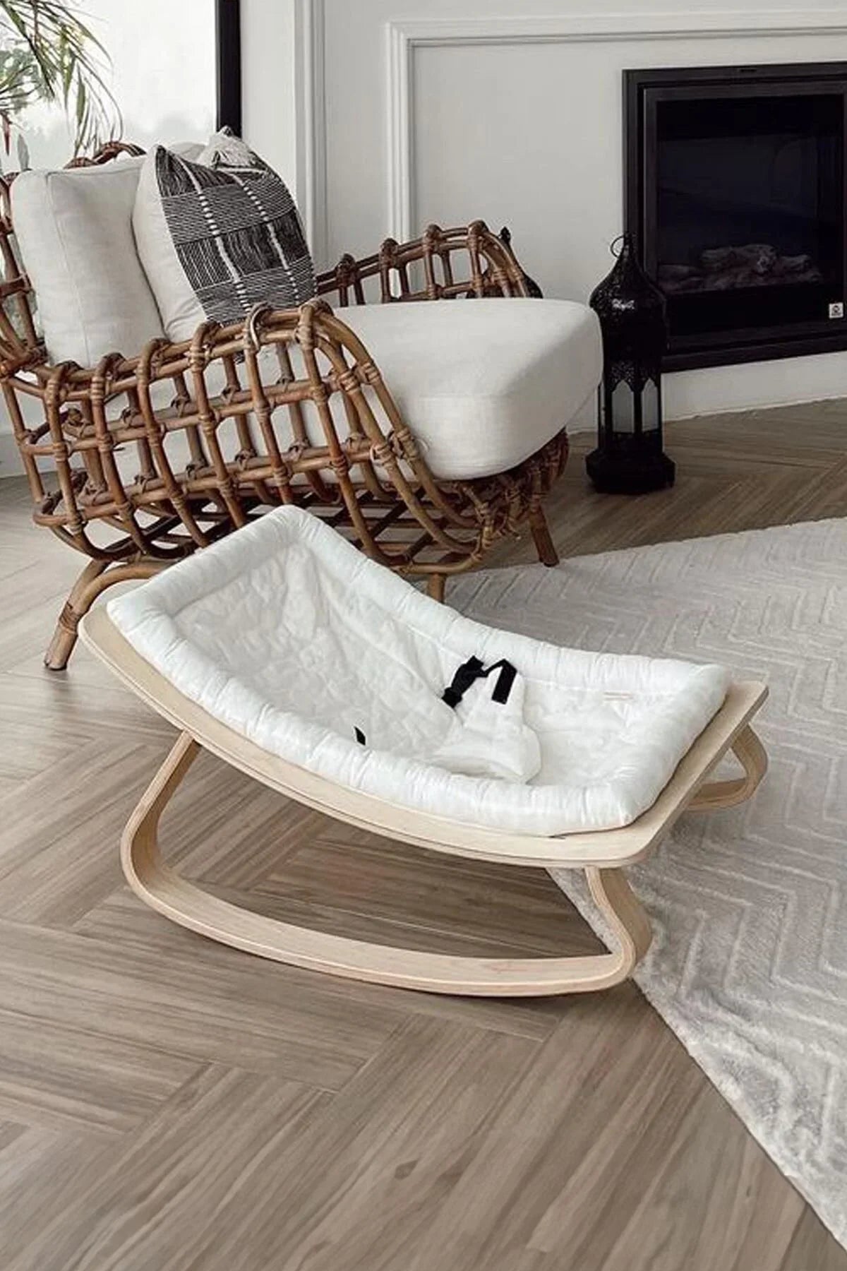 Miila Nest Wooden Baby Rocker Natural Infant Lounger with Soft Padded Seat