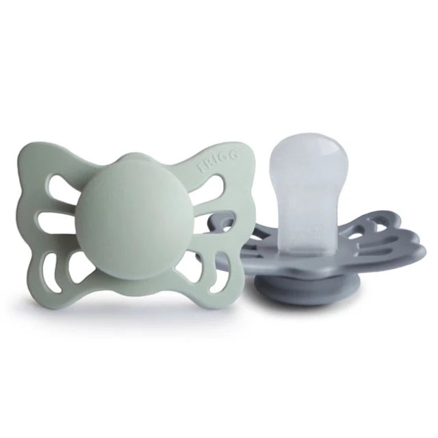 frigg butterfly silicone pacifier 0-6m 2 pack sage*great gray