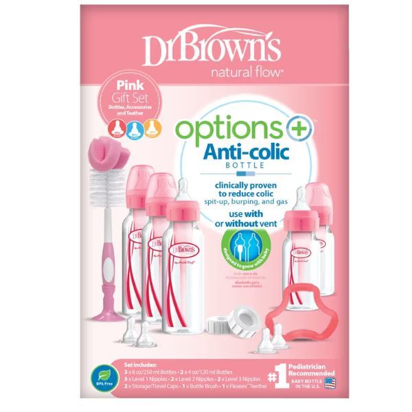 dr browns options+ narrow neck baby bottle gift set pink anti colic starter set
