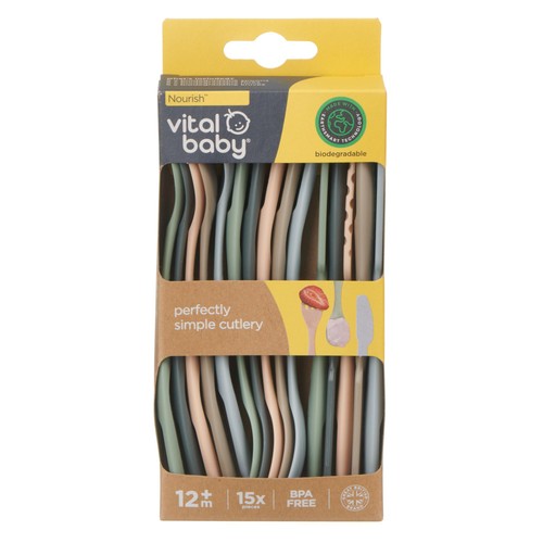 vital baby nourish baby cutlery set 15 pack forks and spoons – natural