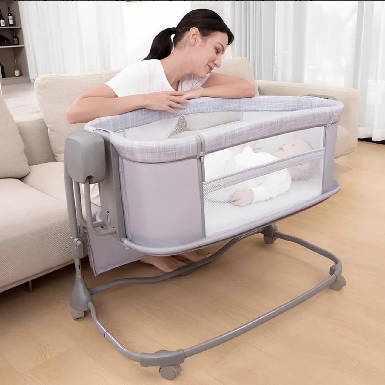 Mastela 3-in-1 Deluxe Baby Bassinet | Adjustable Bedside Crib with Mesh Sides, Wheels & Storage