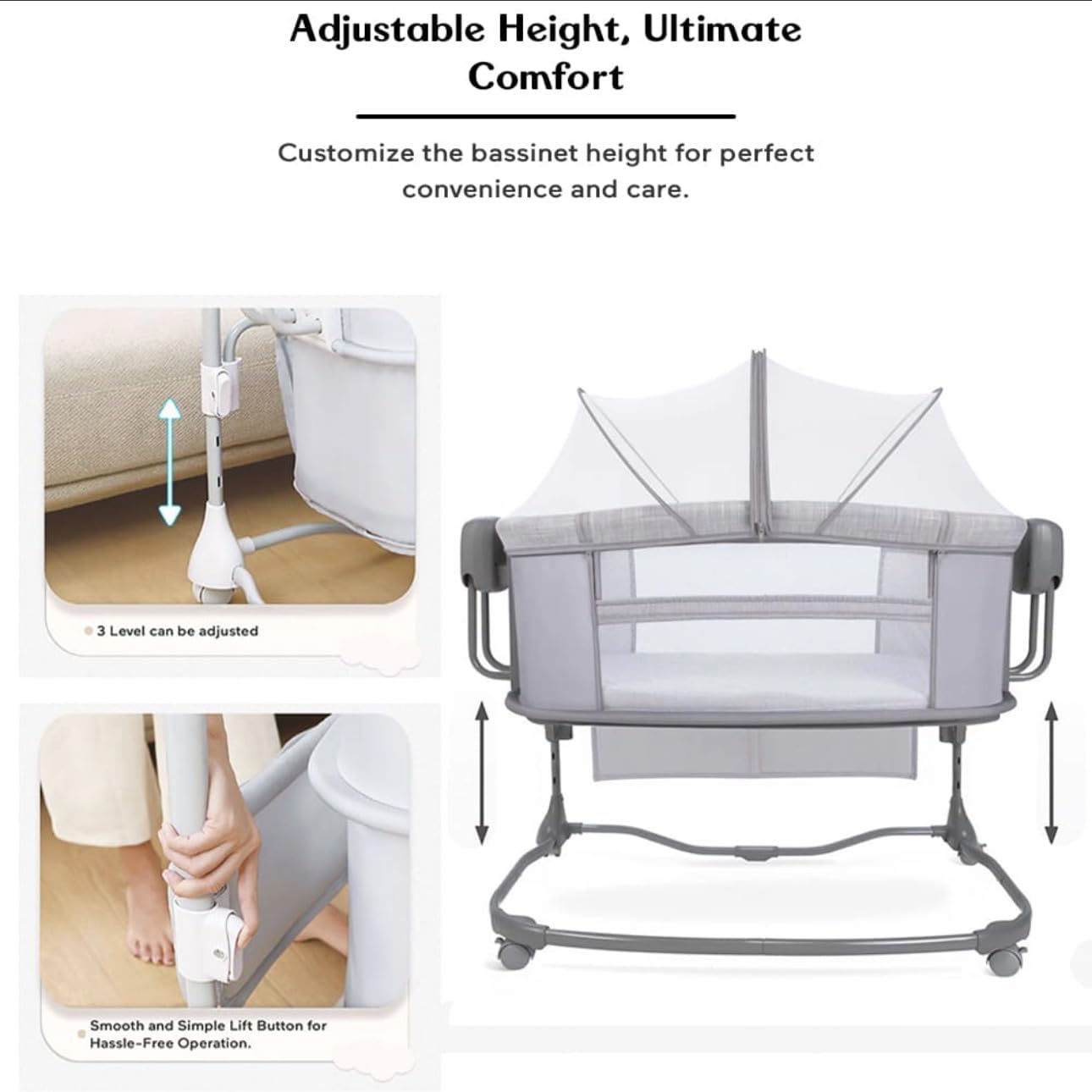 Mastela 3-in-1 Deluxe Baby Bassinet | Adjustable Bedside Crib with Mesh Sides, Wheels & Storage