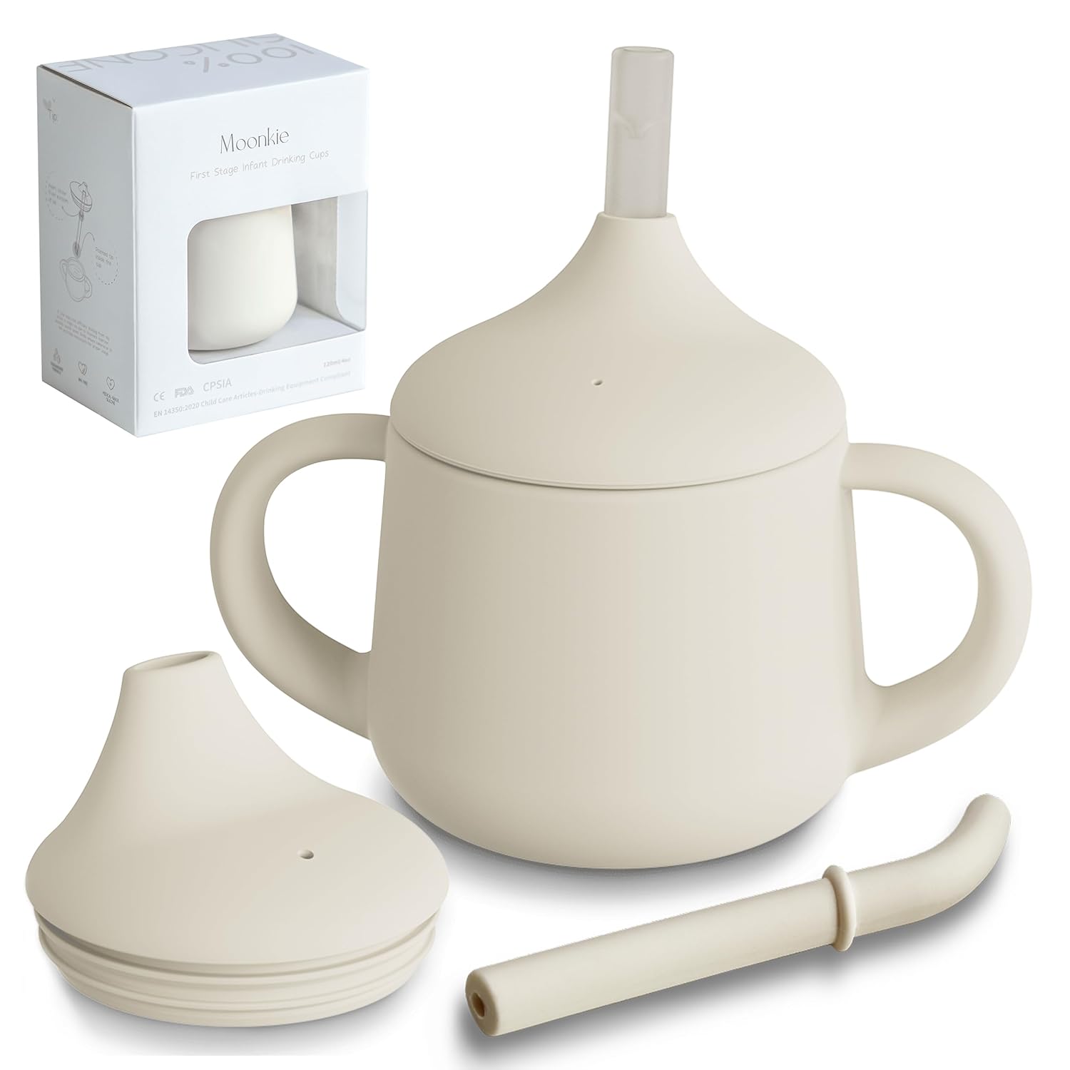 Moonkie Silicone Baby Sippy Cup – 3-Stage Training Cup with Spout, Straw & Open Cup