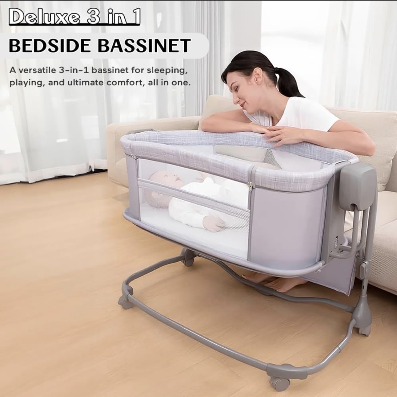 Mastela 3-in-1 Deluxe Baby Bassinet | Adjustable Bedside Crib with Mesh Sides, Wheels & Storage