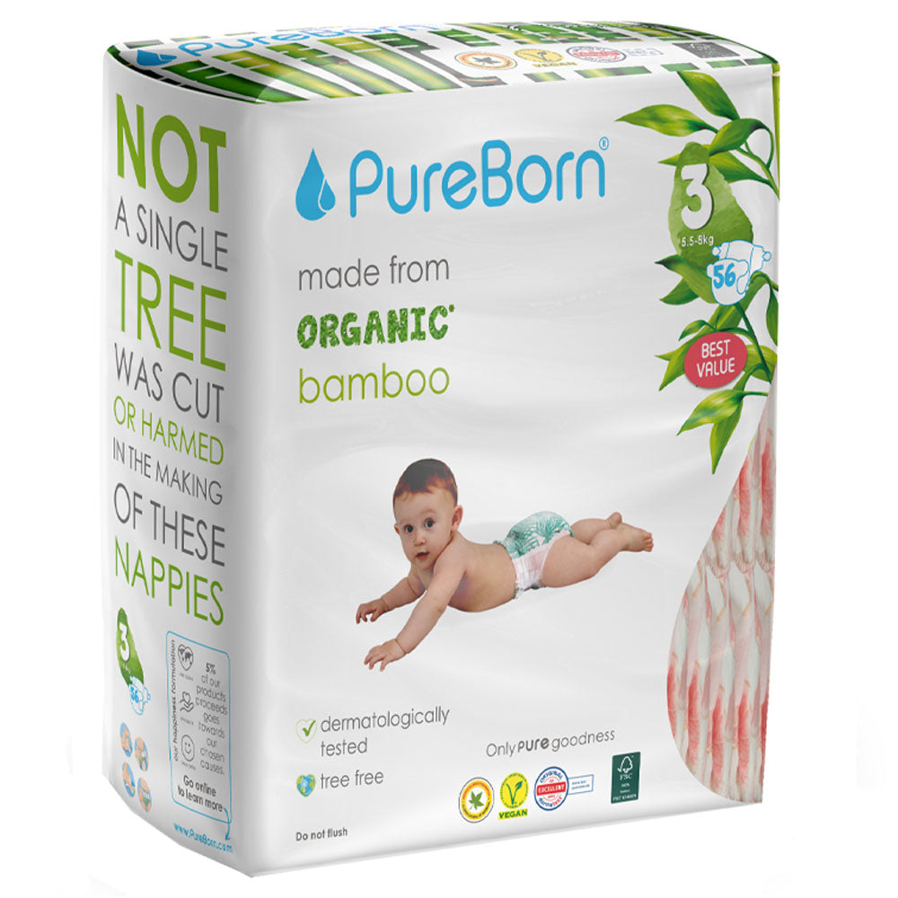 Pureborn Double Pack Organic Bamboo Diapers gentle Eco-Friendly Nappies - Print may vary