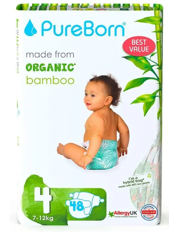 Pureborn Double Pack Organic Bamboo Diapers gentle Eco-Friendly Nappies - Print may vary