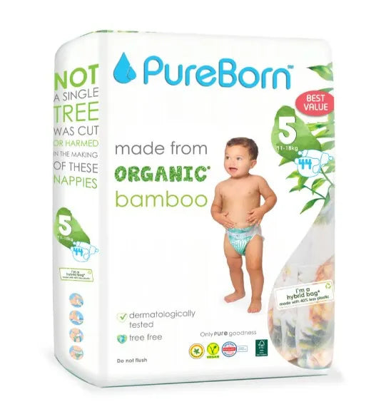 Pureborn Double Pack Organic Bamboo Diapers gentle Eco-Friendly Nappies - Print may vary
