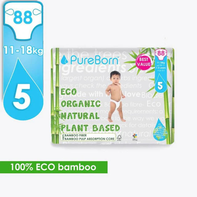 Pureborn Matser Pack Organic Bamboo Diapers Gentle Eco-Friendly Nappies - Print may vary