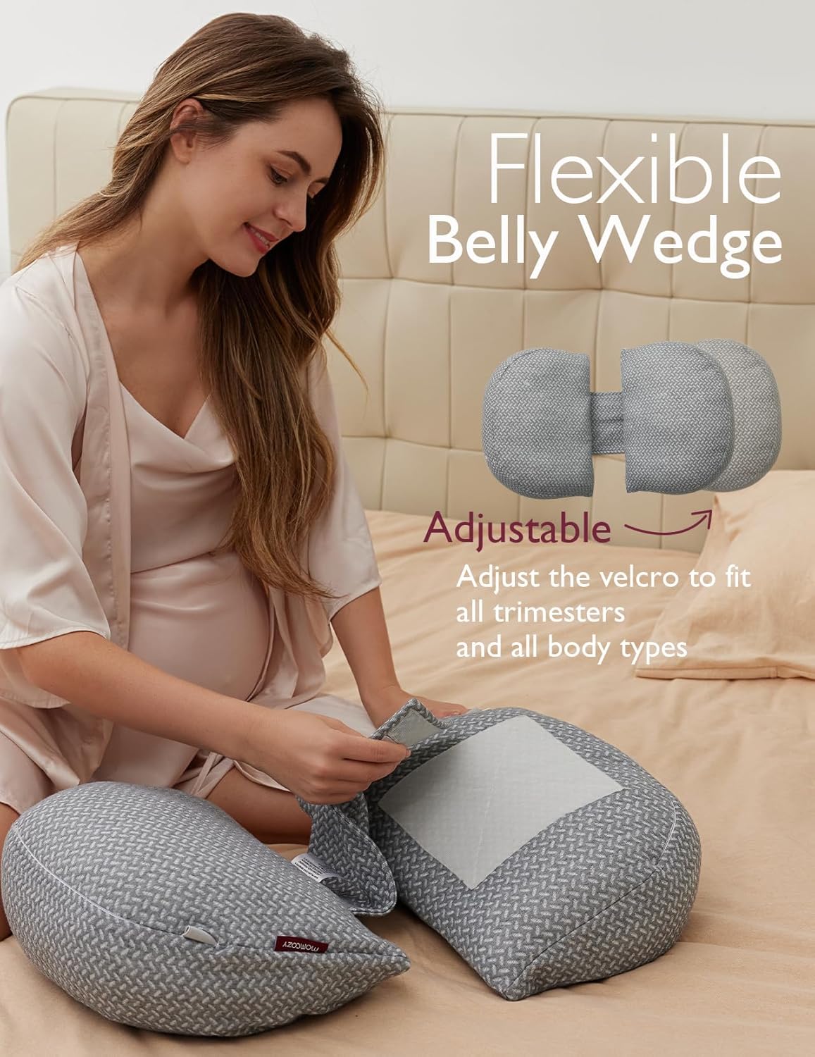 Momcozy W-Shaped Pregnancy Pillow – Adjustable Belly Wedge & Back Support for Side Sleepers