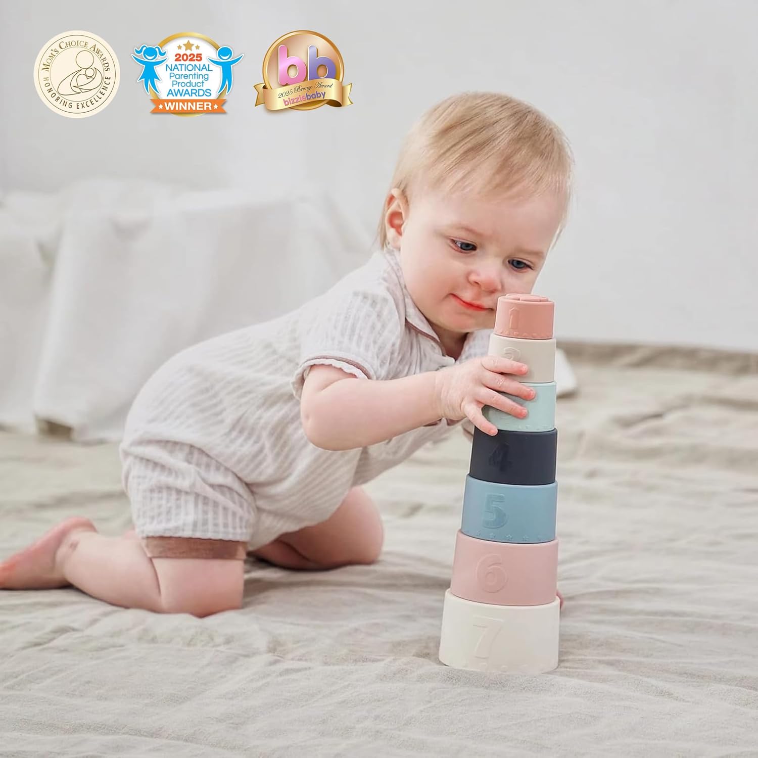 Moonkie Silicone Baby Stacking Cups – 7 Piece Soft Teething Bath Toy Set (6M+)