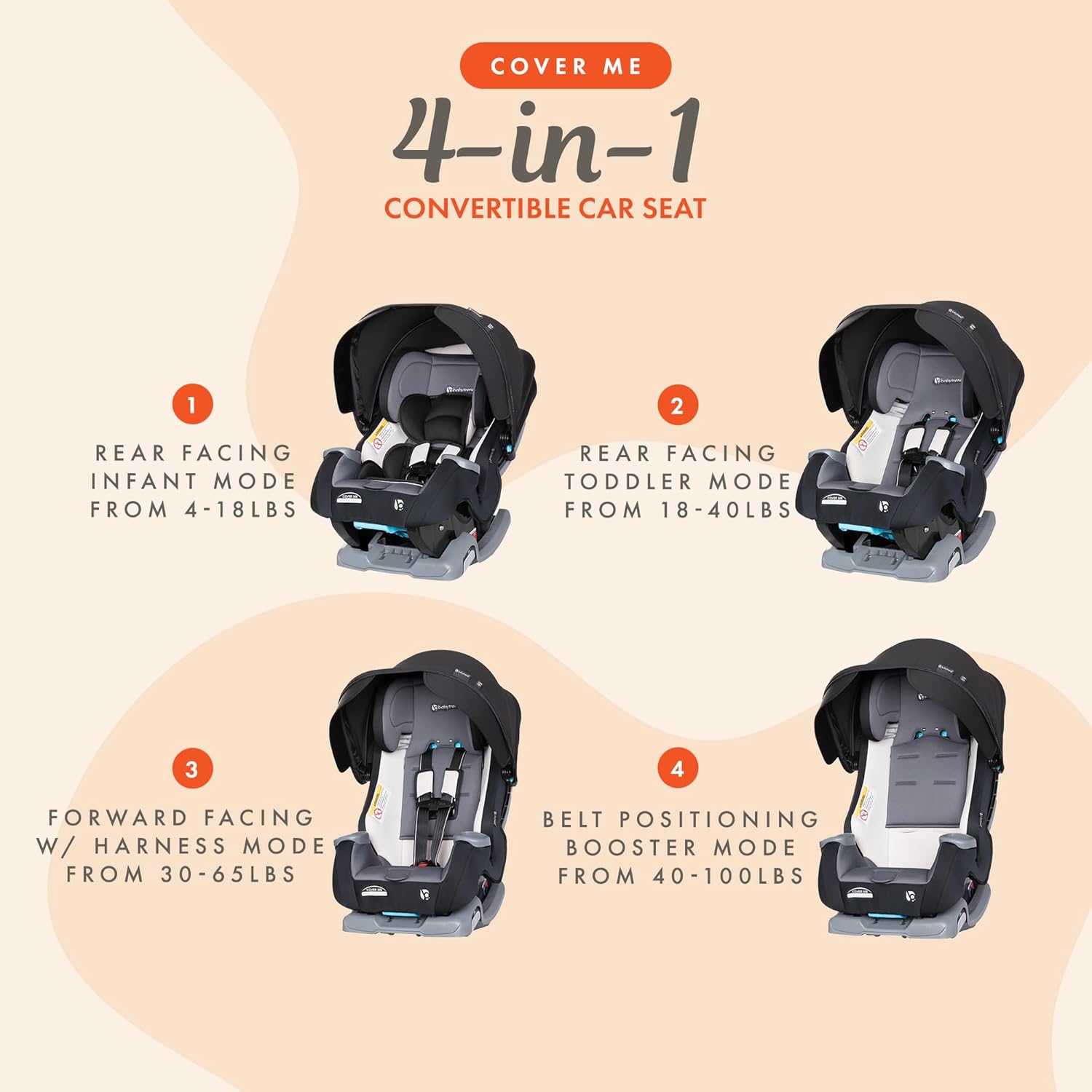 Baby Trend Cover Me 4-in-1 Convertible Car Seat – Black