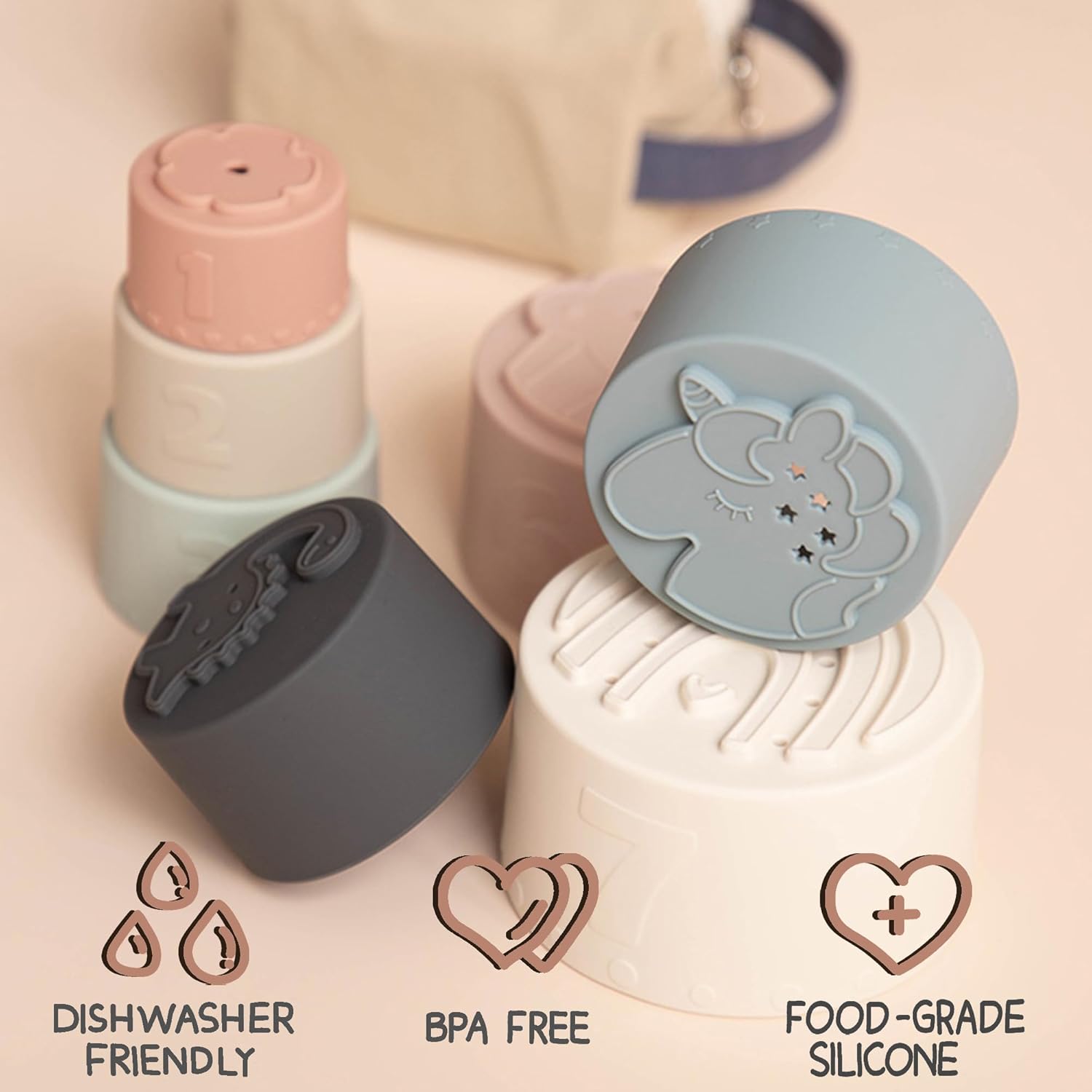 Moonkie Silicone Baby Stacking Cups – 7 Piece Soft Teething Bath Toy Set (6M+)