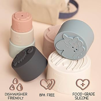Moonkie Silicone Baby Stacking Cups – 7 Piece Soft Teething Bath Toy Set (6M+)