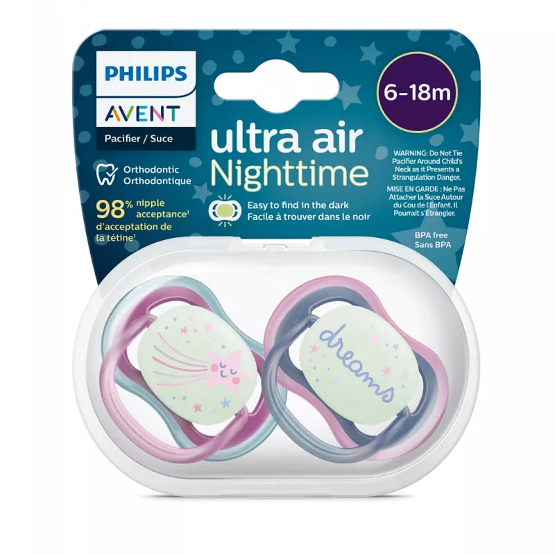 Philips Avent Ultra Air Night Soothers 6–18 Months – 2 Pack Girl Design Pacifier