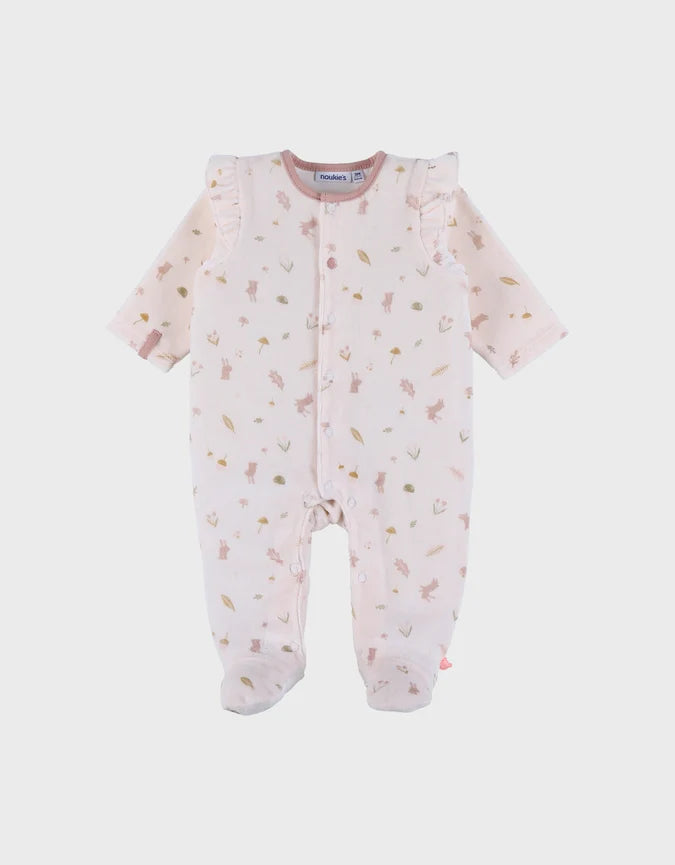 Noukie’s Pale Pink Velour Baby Pajamas with Ruffles – Floral Print