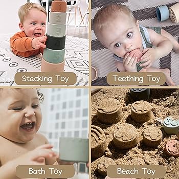 Moonkie Silicone Baby Stacking Cups – 7 Piece Soft Teething Bath Toy Set (6M+)