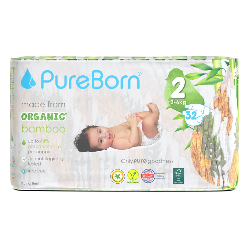 Pureborn Single Pack Organic Bamboo Diapers Ultra-gentle Eco-Friendly Nappies - Print may vary