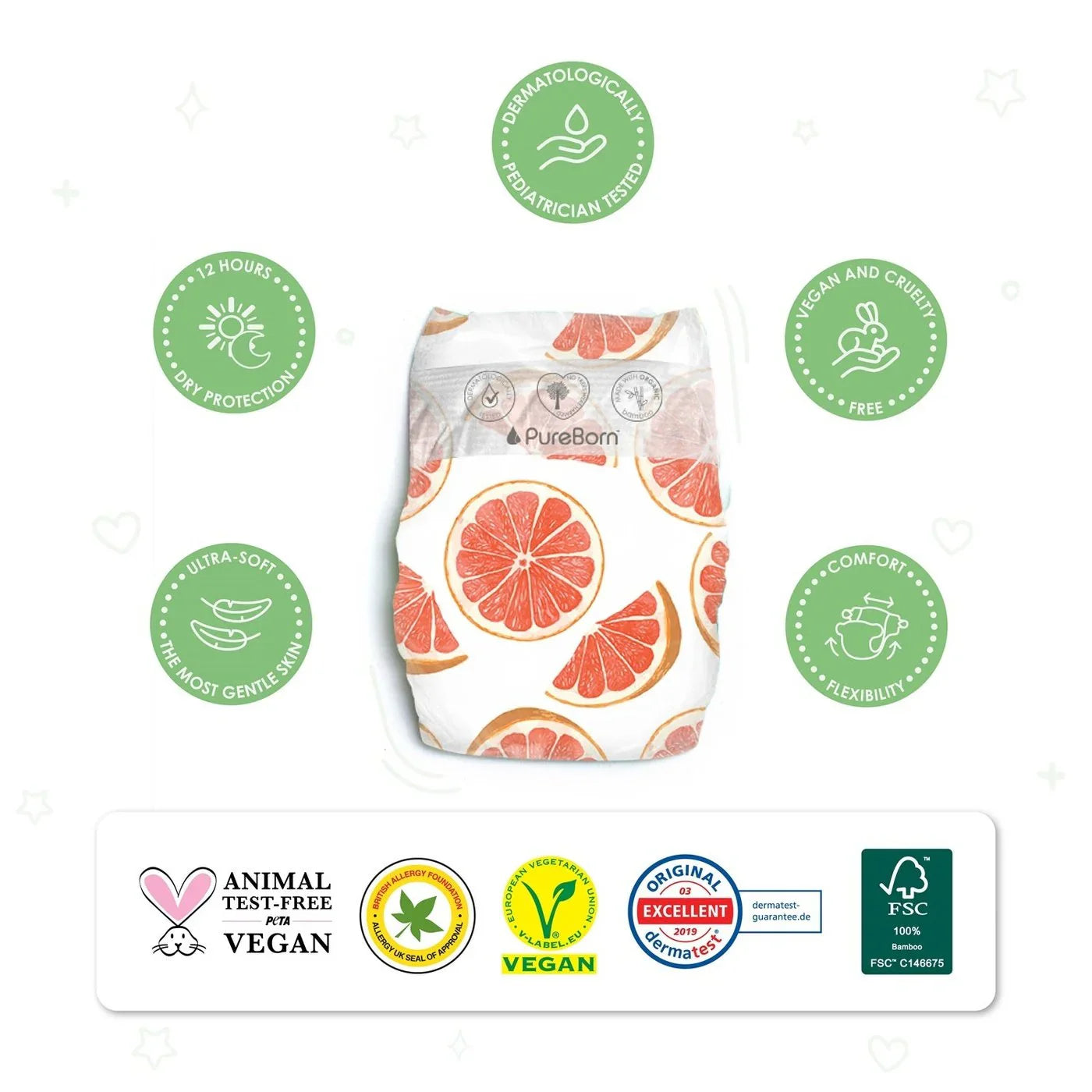 Pureborn Matser Pack Organic Bamboo Diapers Gentle Eco-Friendly Nappies - Print may vary