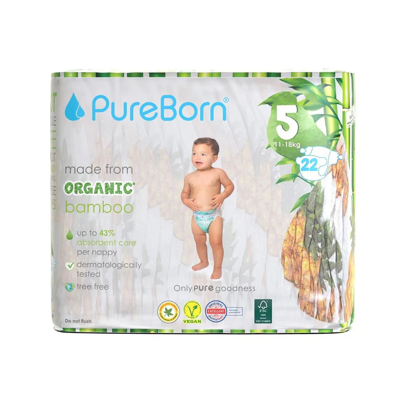 Pureborn Single Pack Organic Bamboo Diapers Ultra-gentle Eco-Friendly Nappies - Print may vary