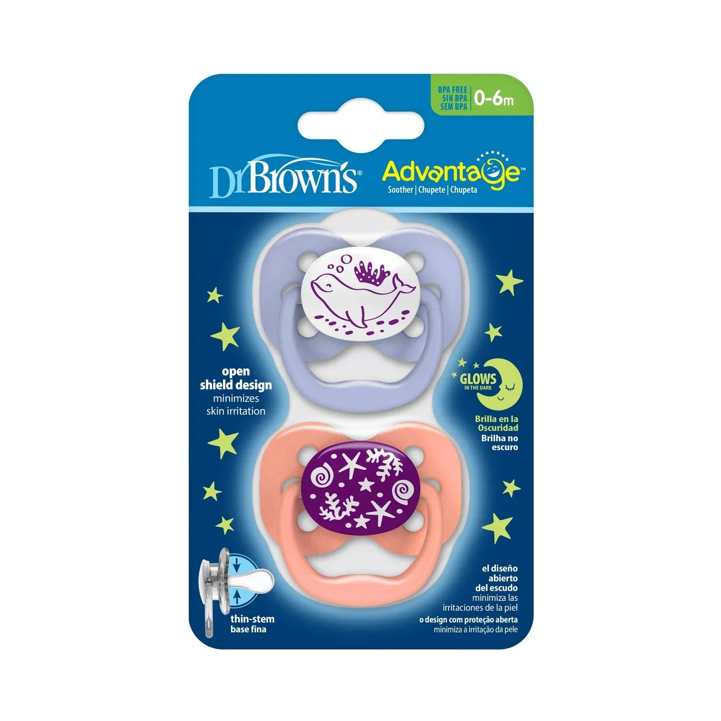 dr browns advantage glow in the dark pacifiers 0-6m 2 pack coral ocean