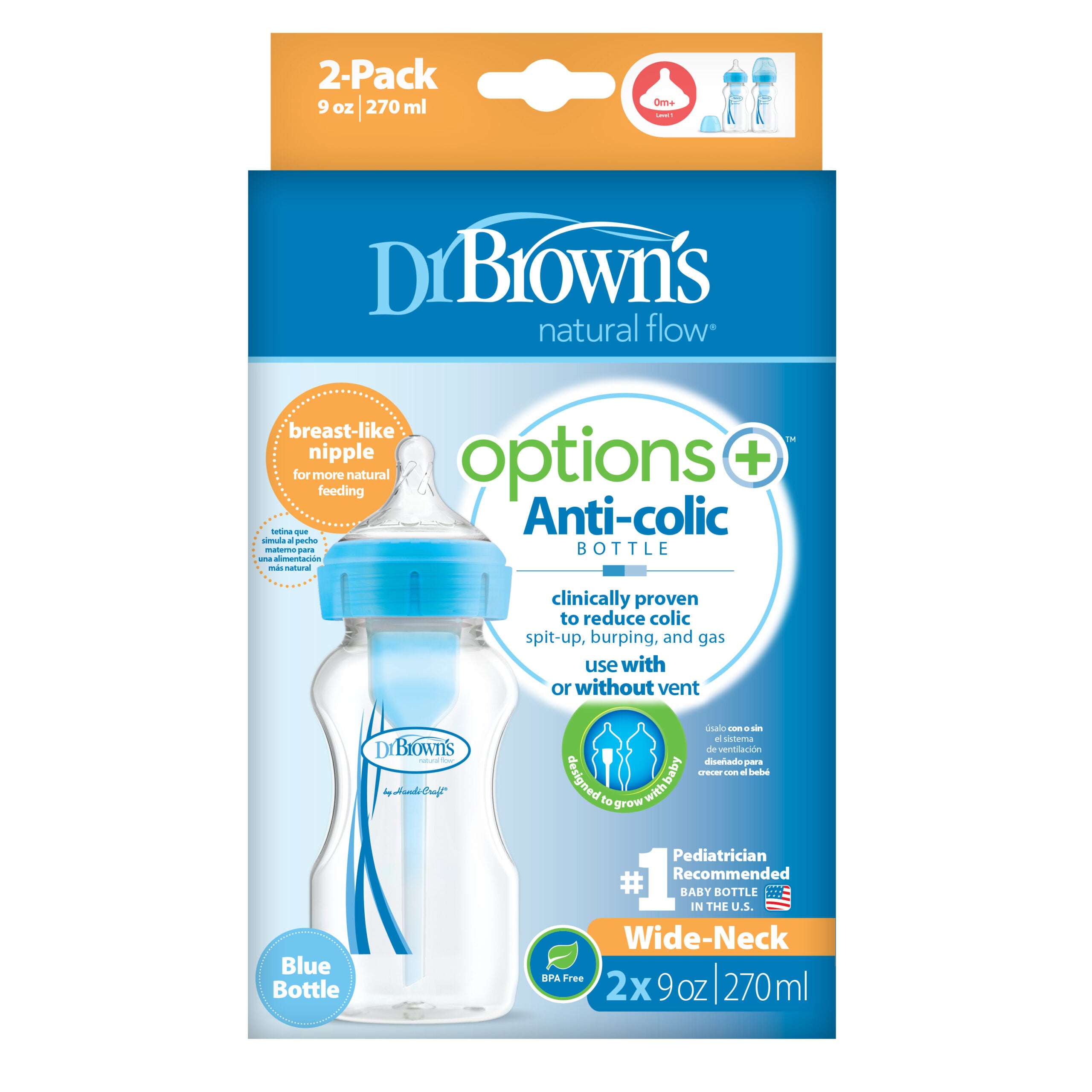 dr browns options+ wide neck baby bottles 270ml 2 pack blue anti colic
