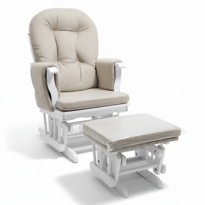 White glider chair with beige cushions and matching ottoman on a white background