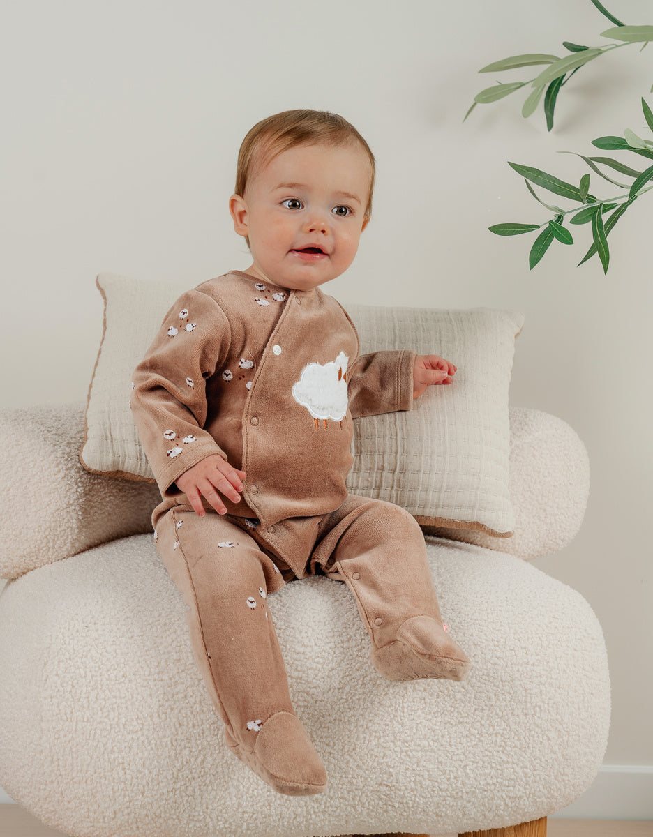 Noukie’s Fluffy Beige Velour Baby Pajamas – Newborn 0M