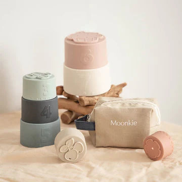 Moonkie Silicone Baby Stacking Cups – 7 Piece Soft Teething Bath Toy Set (6M+)