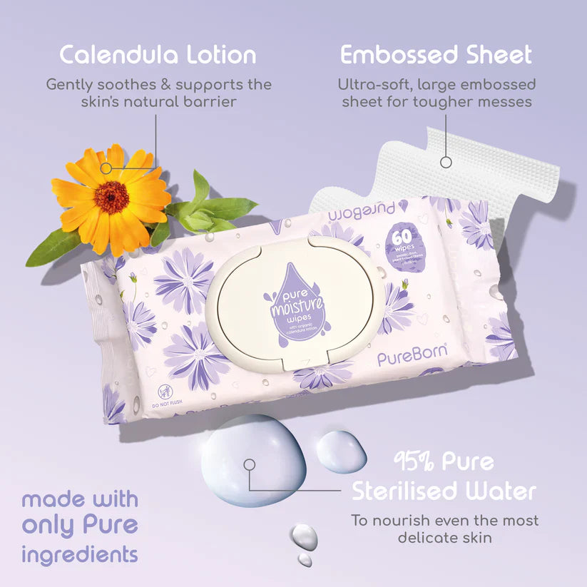 Pureborn Pure Moisture Wipes With Organic Calendula Lotion - 60 PCS