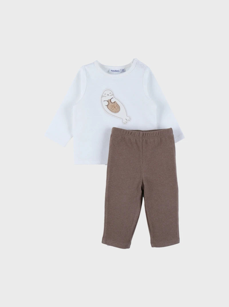 Noukie’s Seal Print T-Shirt & Leggings Set – White & Beige Baby Outfit