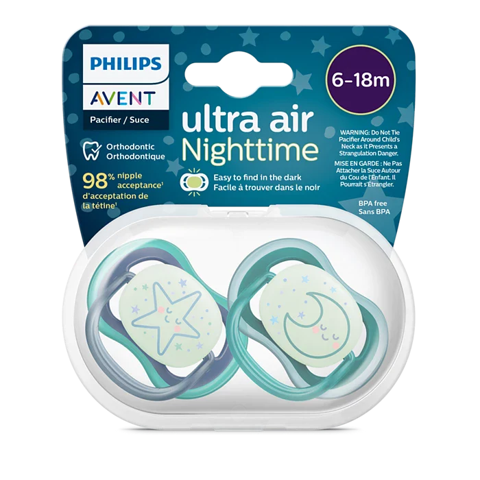 philips avent ultra air night soothers 6-18m 2 pack glow in the dark boy