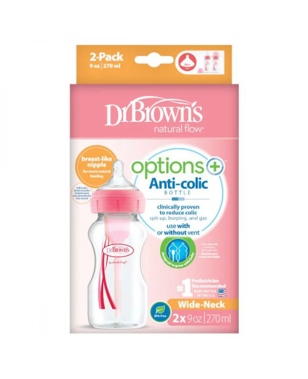 dr browns options+ wide neck baby bottles 270ml 2 pack pink anti colic