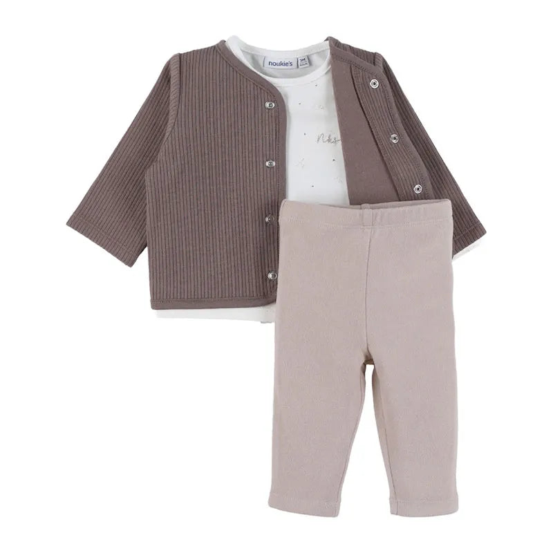 Noukie’s Beige 3-Piece Baby Outfit Set – T-Shirt, Pants & Cardigan