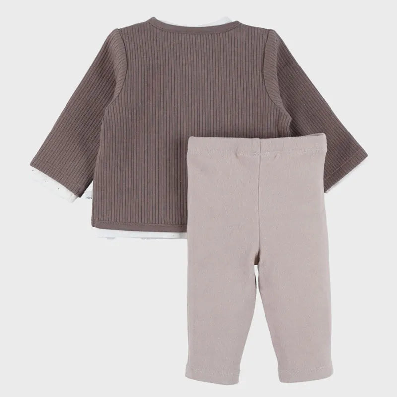 Noukie’s Beige 3-Piece Baby Outfit Set – T-Shirt, Pants & Cardigan