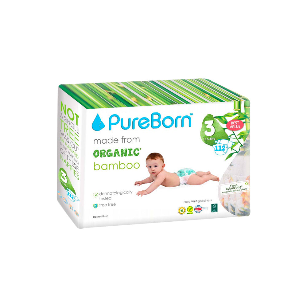Pureborn Matser Pack Organic Bamboo Diapers Gentle Eco-Friendly Nappies - Print may vary