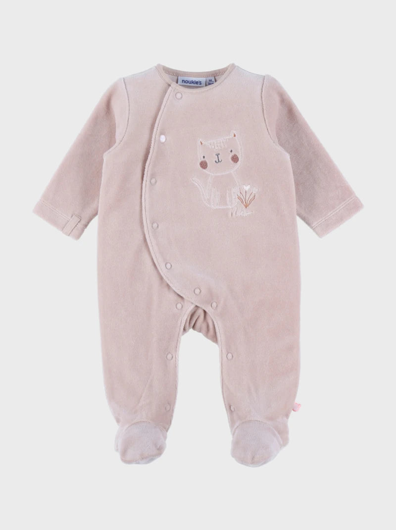 Noukie’s Nappy Cat Pink Velour Baby Pajamas – Anti-Slip