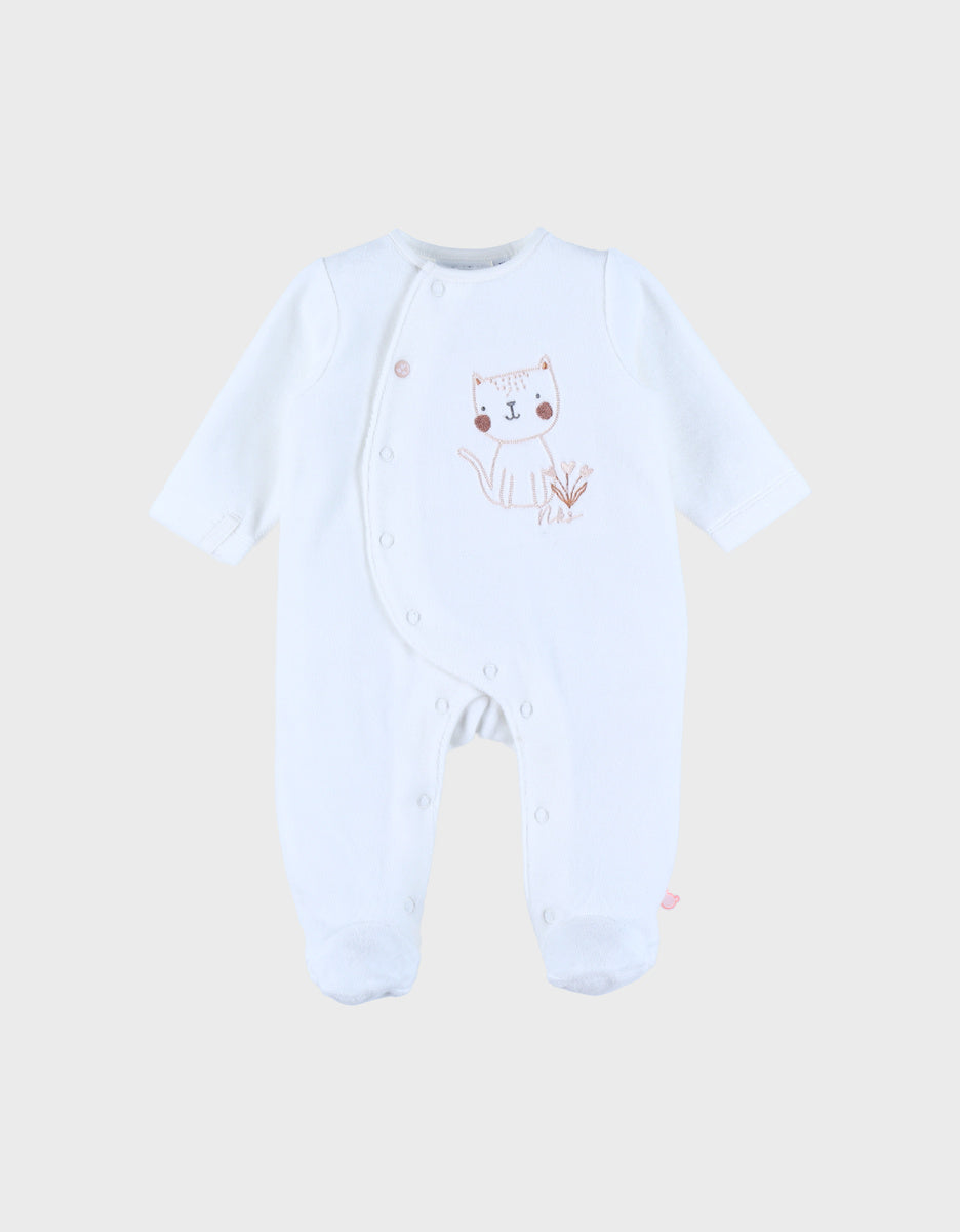 Noukie’s Nappy Cat White Velour Baby Pajamas – Anti-Slip