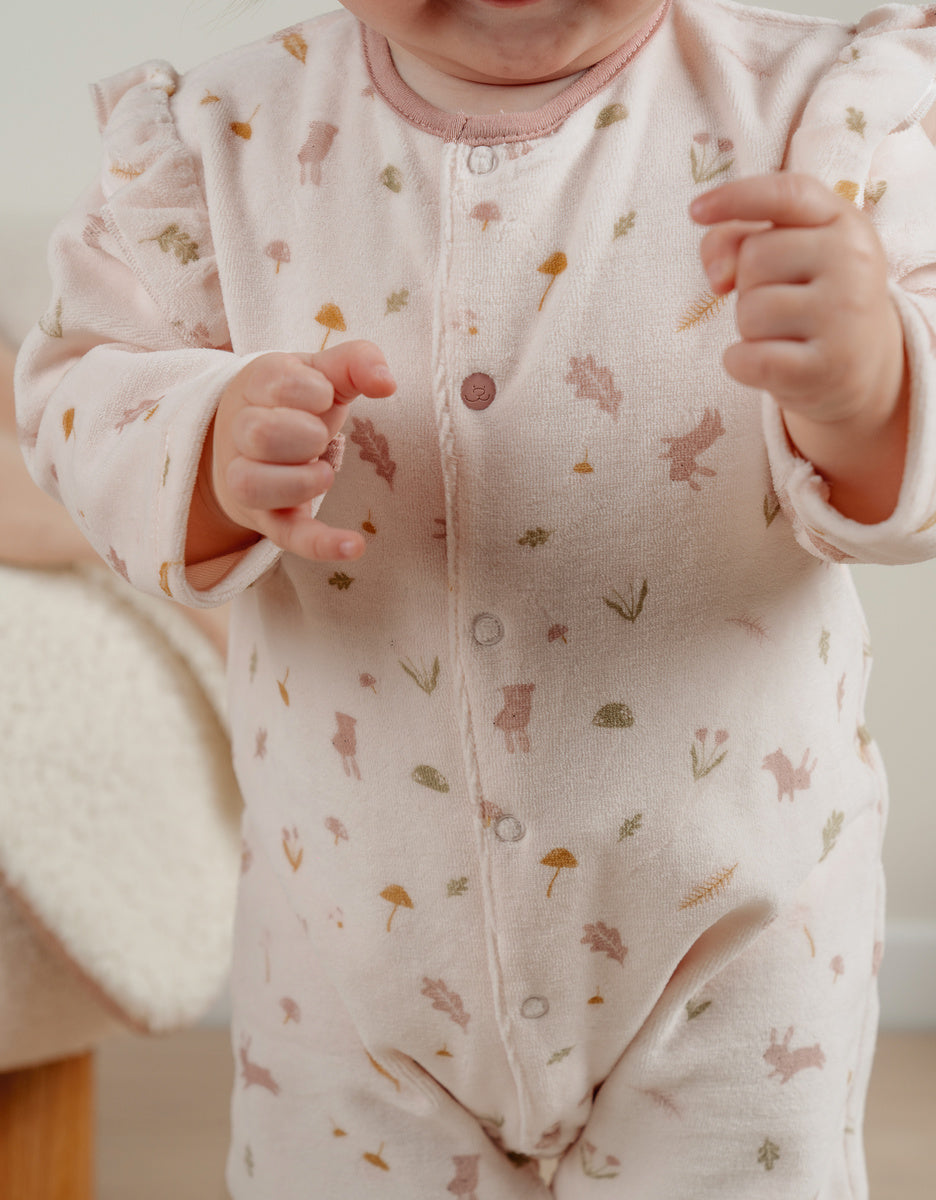 Noukie’s Pale Pink Velour Baby Pajamas with Ruffles – Floral Print