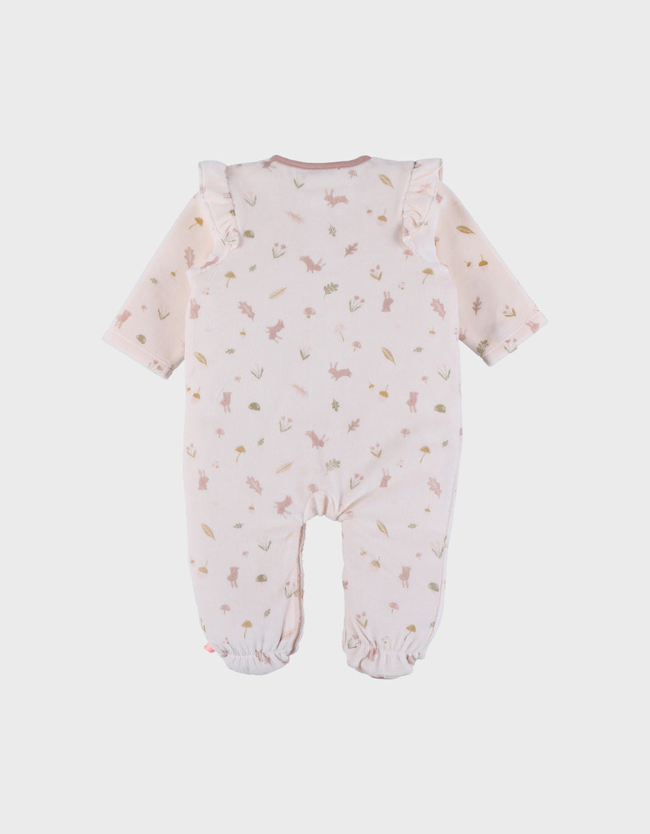 Noukie’s Pale Pink Velour Baby Pajamas with Ruffles – Floral Print