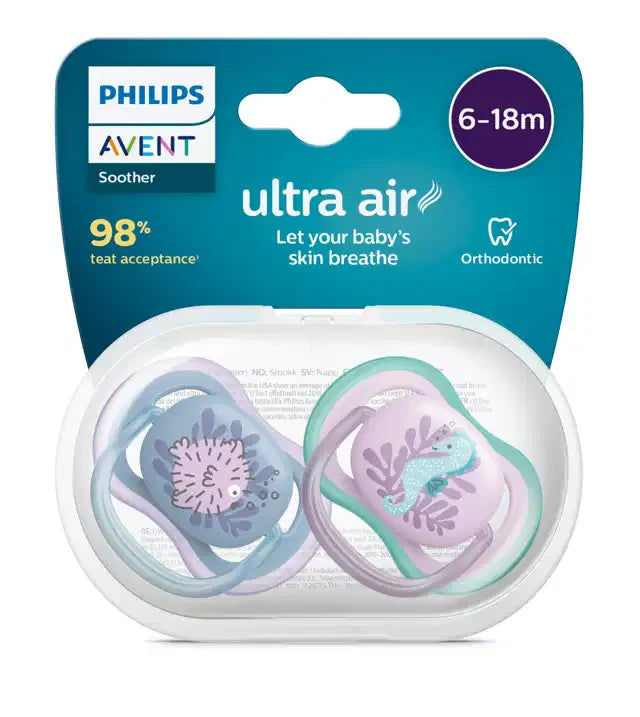 philips avent ultra air soothers 6-18m 2 pack fish design girl