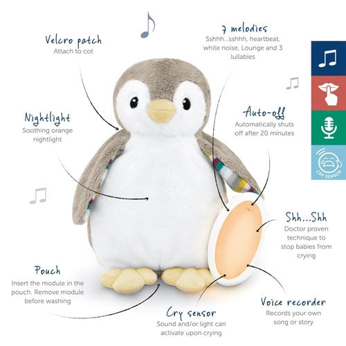zazu phoebe penguin plush sleep soother with sound machine and night light
